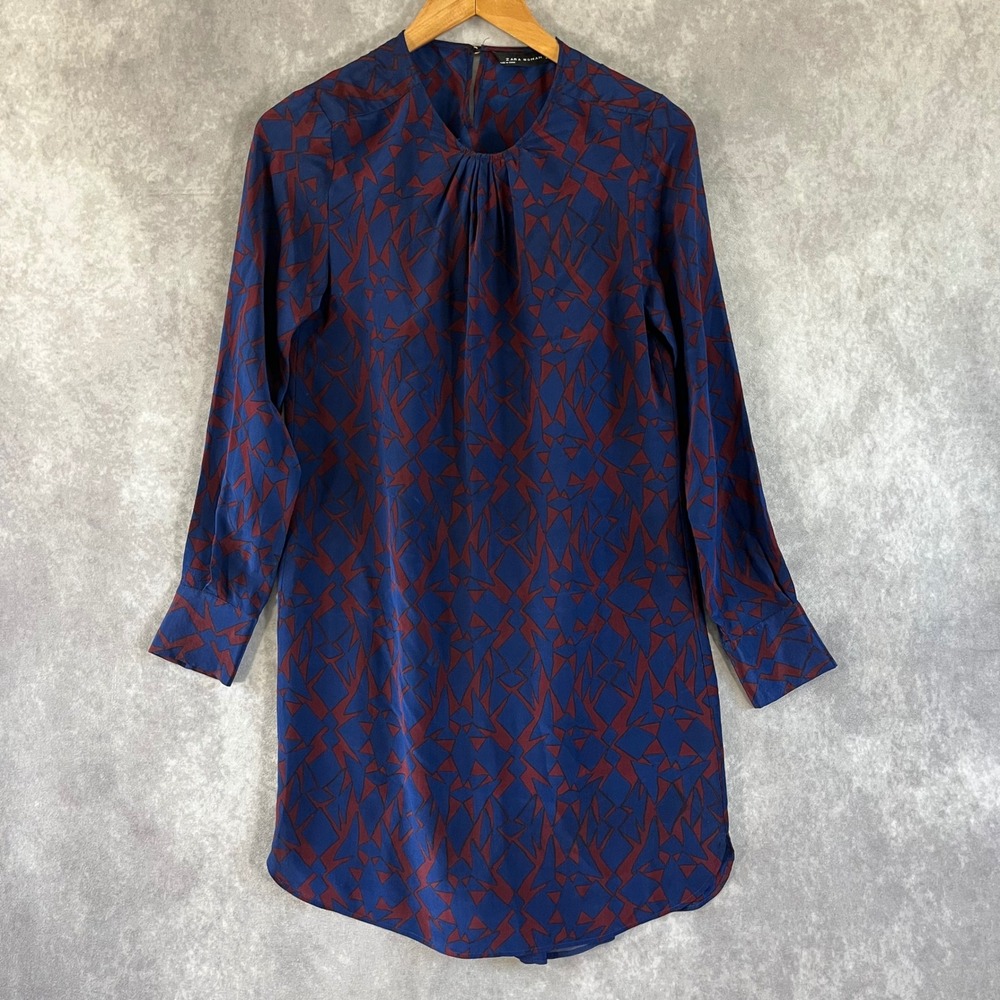 Zara Woman Silk Mini Dress Womens XS Blue Burgundy Geometric Long Sleeve V-Neck